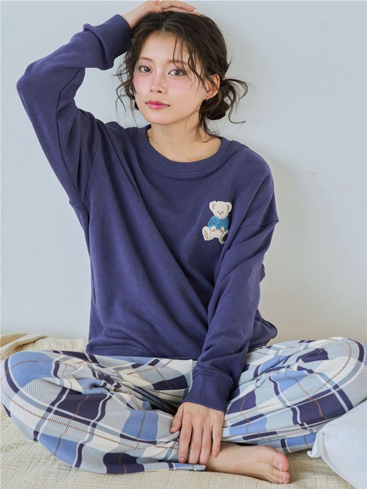 温度調整]裏毛くまサガラ刺繍チェックボトム長袖パジャマ: ルーム