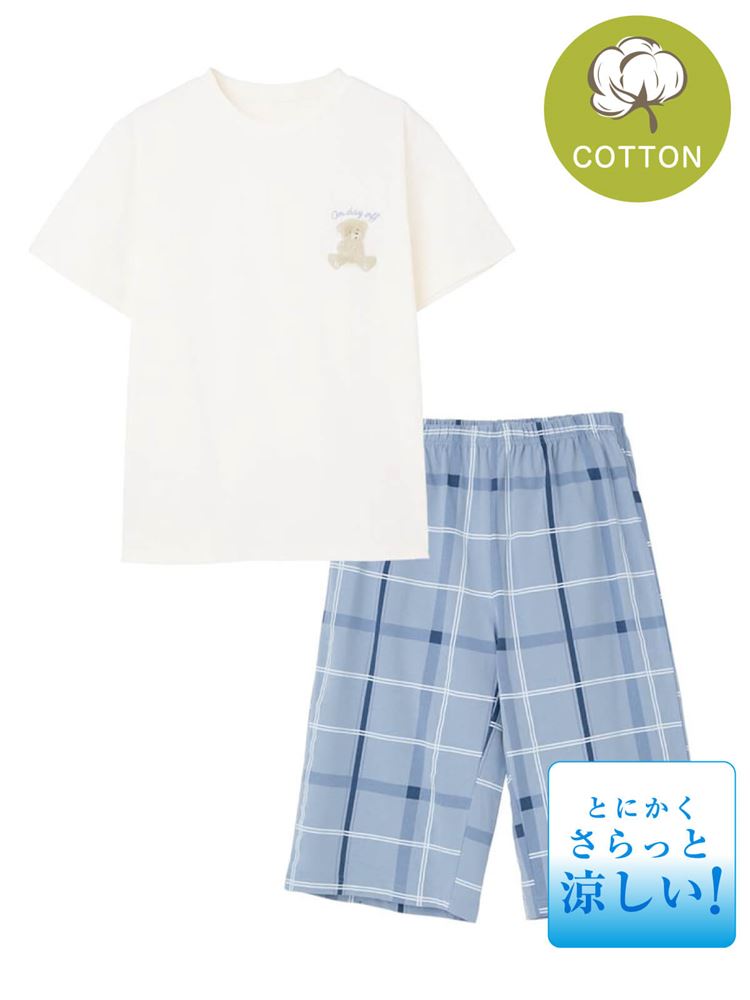 とにかくさらっと涼しい]綿100％くま刺繍半袖パジャマ: ルームウェア