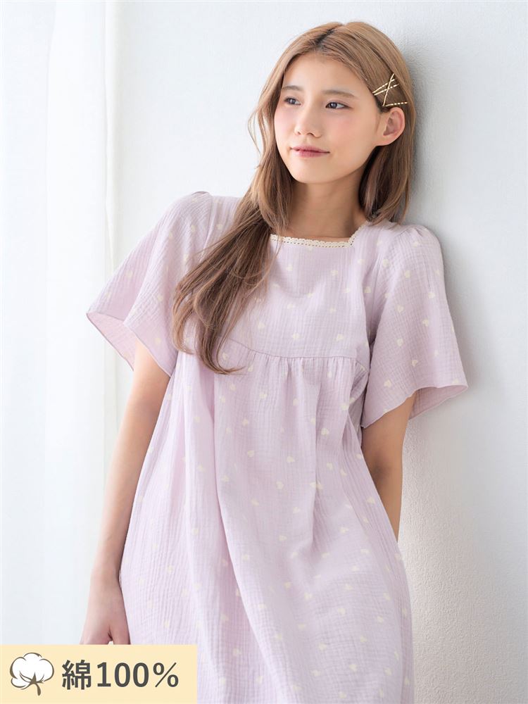 ウサギと卵デザイン 半袖ワンピース 100%綿