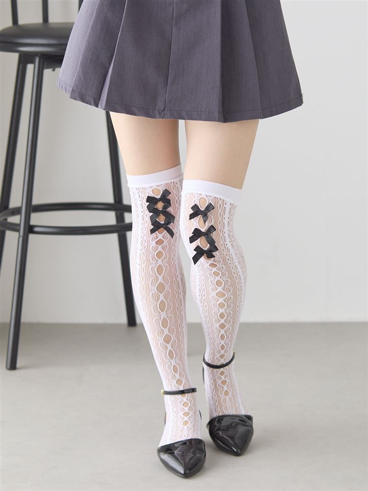 レースリボンオーバニー 三連リボン付きラッセルレースオーバーニーソックス: レッグ