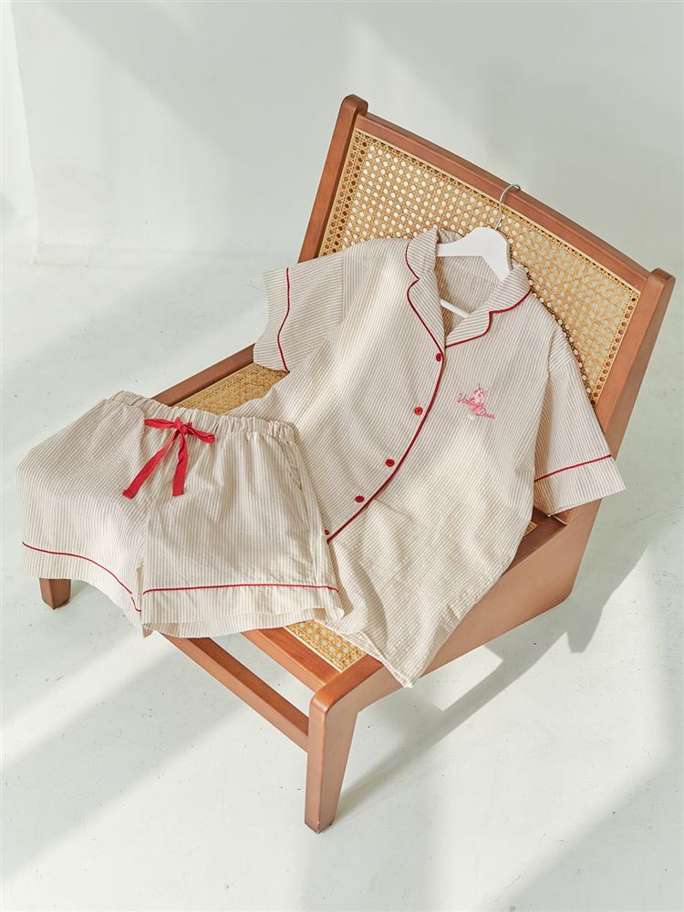 チュチュアンナの[ゆったり設計パジャマ]綿100％ストライプ柄前開きパジャマ(半袖×ショートパンツ)|321723