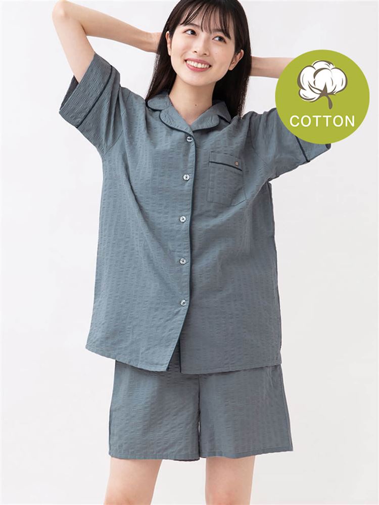 ゆったり設計パジャマ]綿100％無地前開きパジャマ(半袖×ショートパンツ