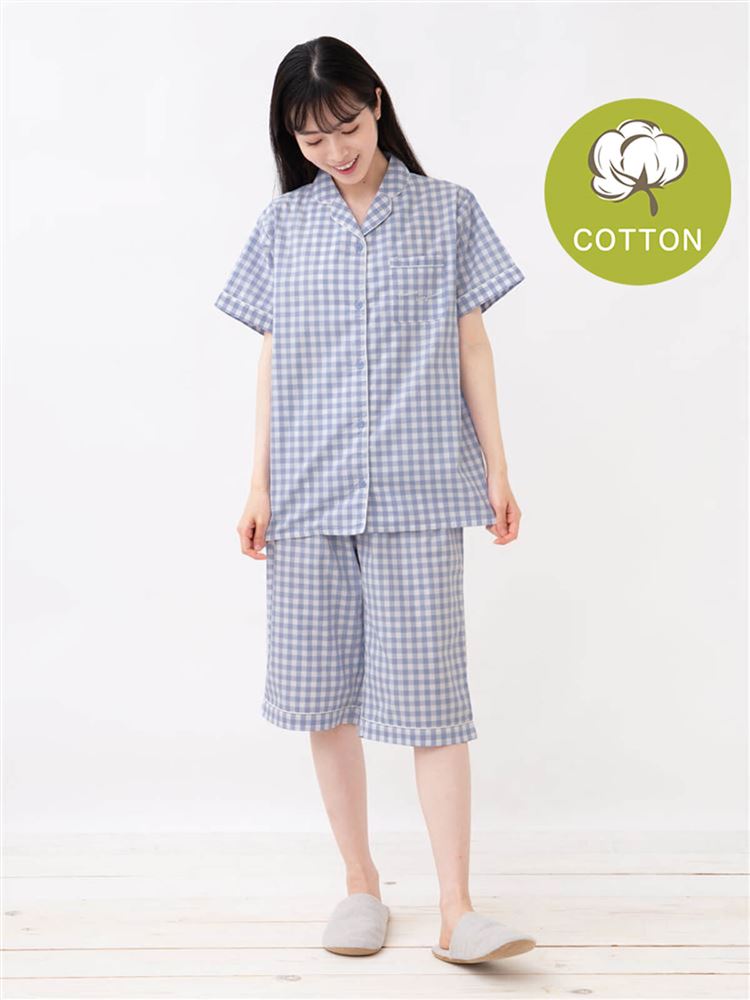 チュチュアンナの[ゆったり設計パジャマ]綿100％ギンガムチェックロゴ刺繍前開き布帛パジャマ(半袖×5分丈パンツ)|321732