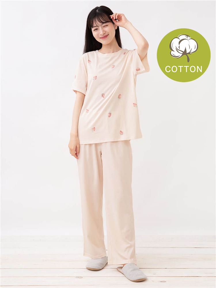 ゆったり設計パジャマ]綿100％いちご柄天竺パジャマ(半袖×長ズボン