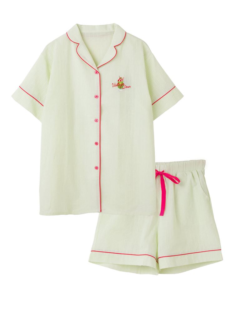 [ゆったり設計パジャマ]綿100％ストライプ柄前開きパジャマ(半袖×ショートパンツ)