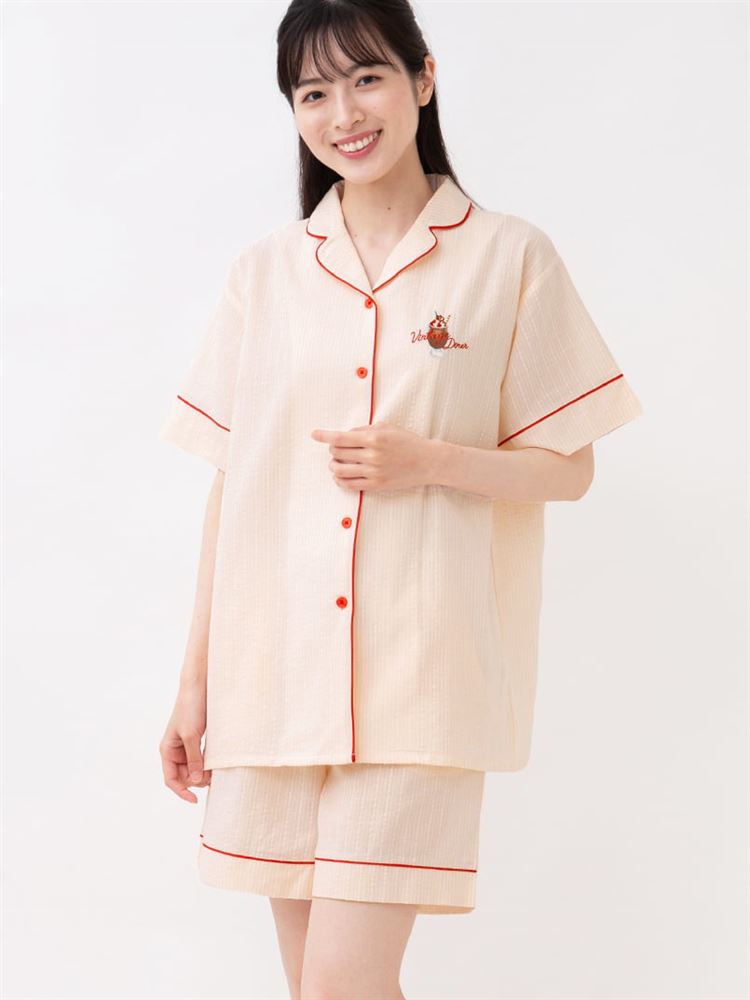 チュチュアンナの[ゆったり設計パジャマ]綿100％ストライプ柄前開きパジャマ(半袖×ショートパンツ)|321724