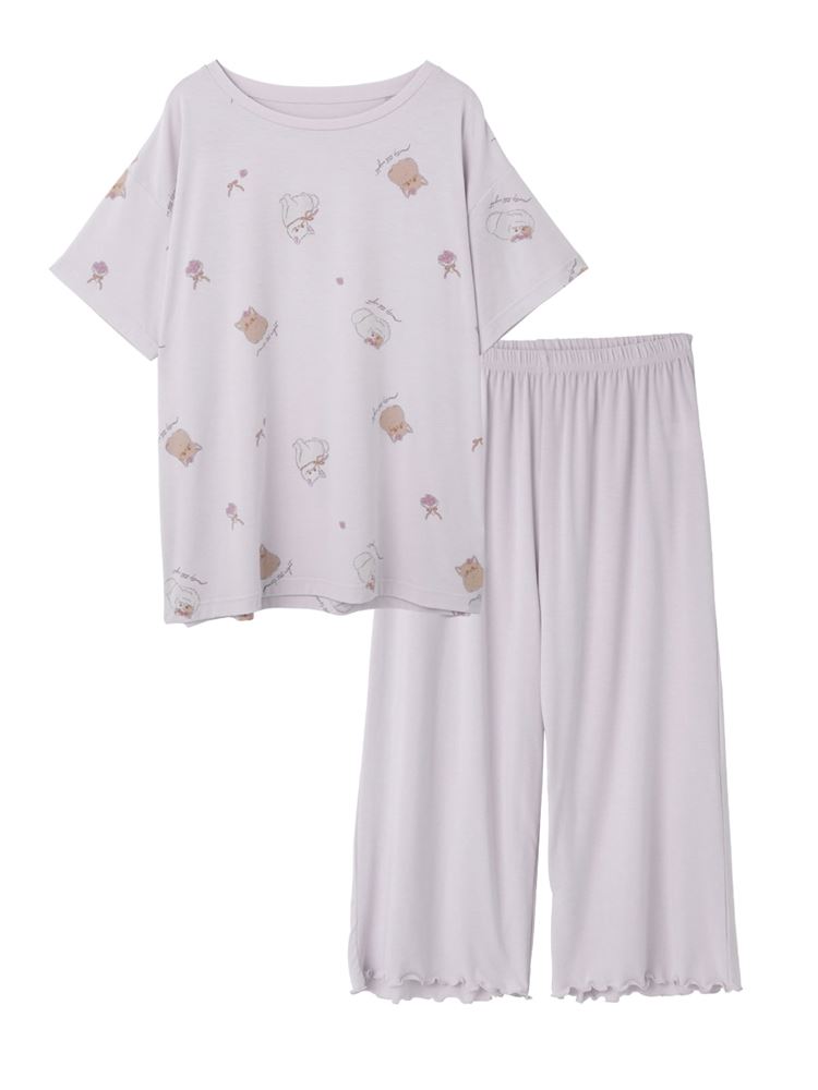 チュチュアンナの[ゆったり設計パジャマ]猫柄ベア天パジャマ(半袖×7分丈パンツ)|321734