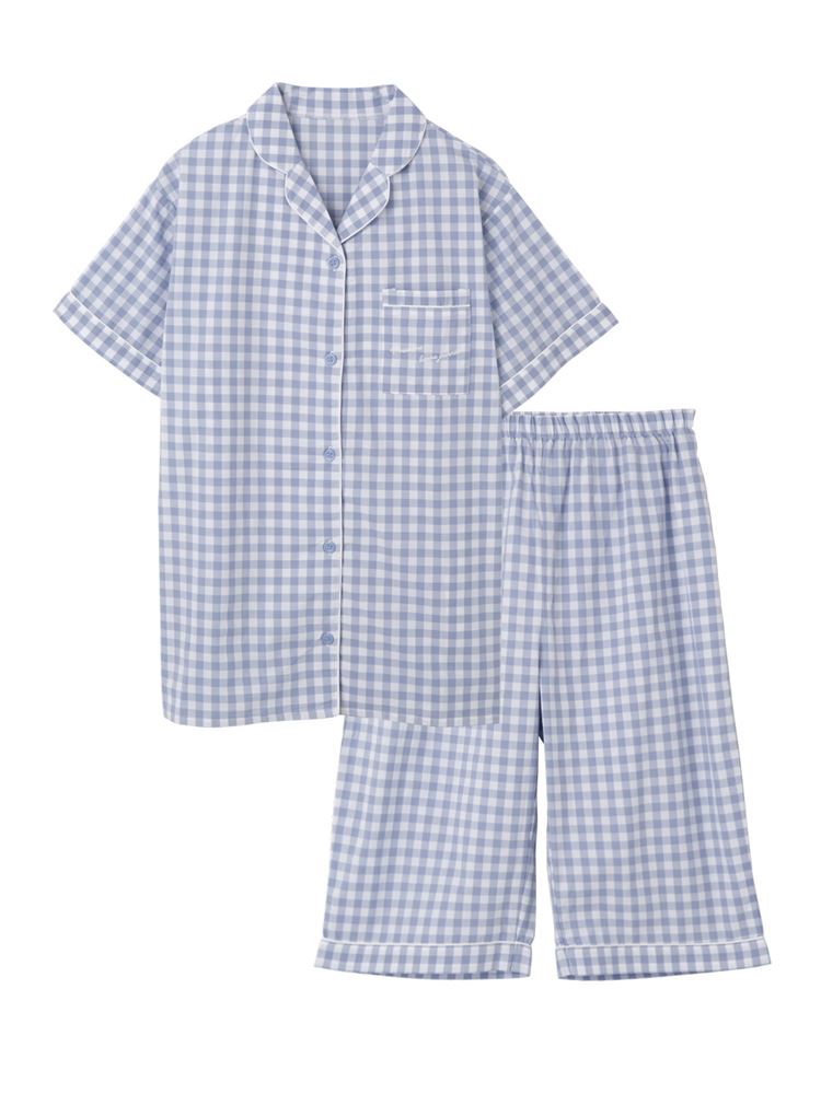 チュチュアンナの[ゆったり設計パジャマ]綿100％ギンガムチェックロゴ刺繍前開き布帛パジャマ(半袖×5分丈パンツ)|321731
