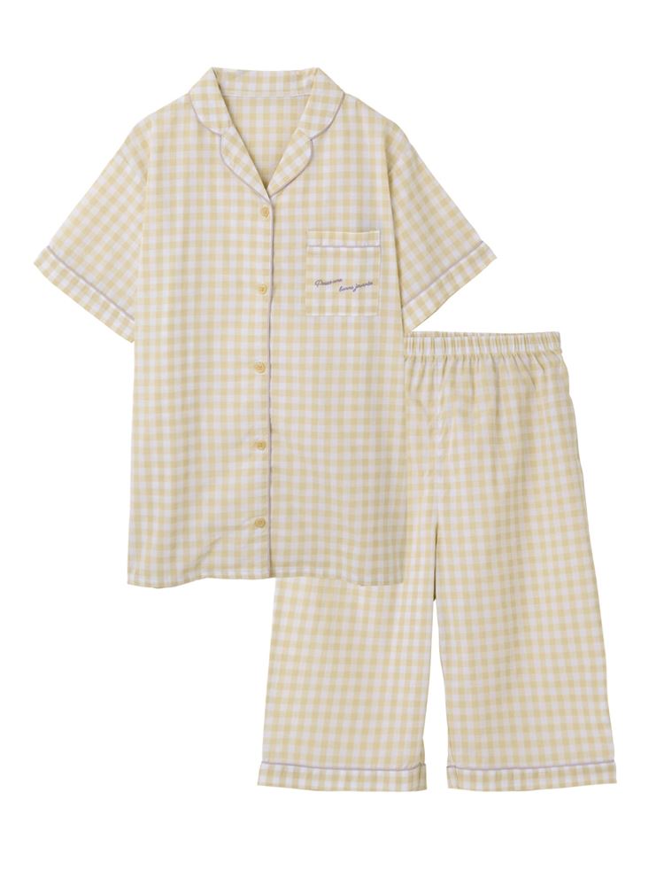 チュチュアンナの[ゆったり設計パジャマ]綿100％ギンガムチェックロゴ刺繍前開き布帛パジャマ(半袖×5分丈パンツ)|321730