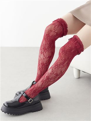 履き口フリル付き花柄レース調ソックスオーバーニー丈: レッグ