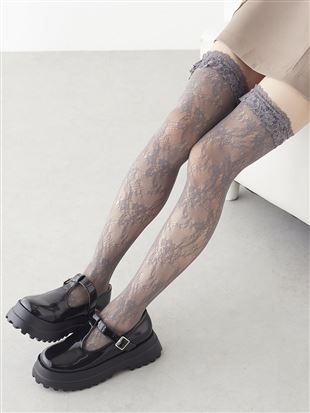 レースリボンオーバニー 三連リボン付きラッセルレースオーバーニーソックス: レッグ