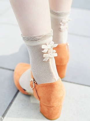 ラメシアーベロアリボン付きソックス15cm丈｜クルーソックス