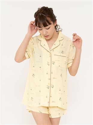 リゾート柄レーヨン布帛パジャマ(半袖×1分丈パンツ)｜パジャマ