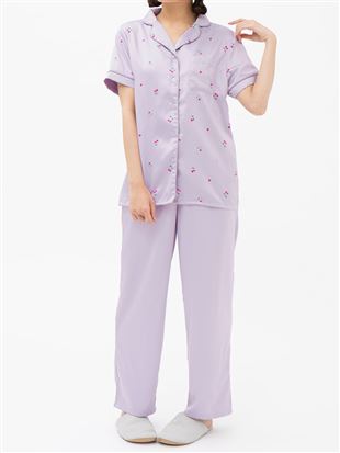 チェリー柄サテンパジャマ(半袖×長ズボン)｜パジャマ