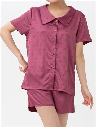 ビッグ衿付きハートジャガード柄サテンパジャマ(半袖×1分丈)｜