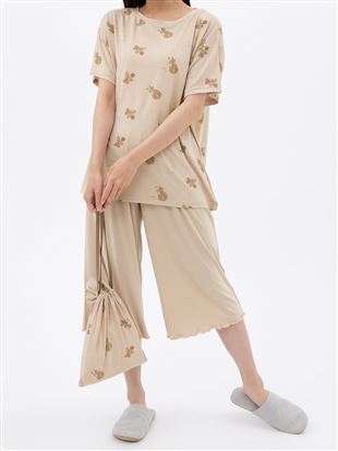 テディベア柄巾着付きパジャマ(半袖×7分丈パンツ)｜パジャマ