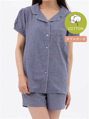 綿100％小花柄パフスリーブパジャマ(半袖×1分丈パンツ)｜パジャマ