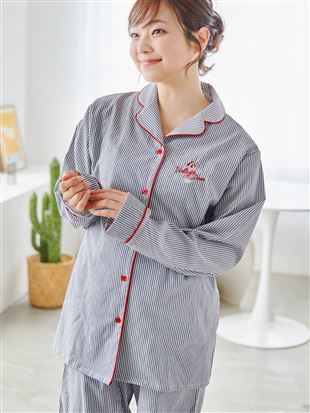 [温度調整]パフェ刺繍ストライプ柄前開き長袖布帛パジャマ｜パジャマ