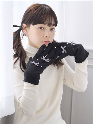 パールリボン付きスウェード手袋|