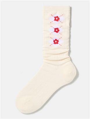 綿混ニットフラワー付きスパイラルダイヤ柄くしゅソックス26cm丈|