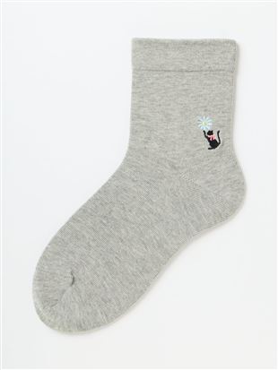 履き口ゆったり綿混マーガレット猫刺繍ソックス14cm丈|