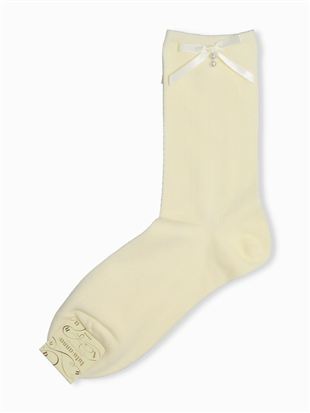 綿混足長リボン付きレース柄ソックス20cm丈|クルーソックス