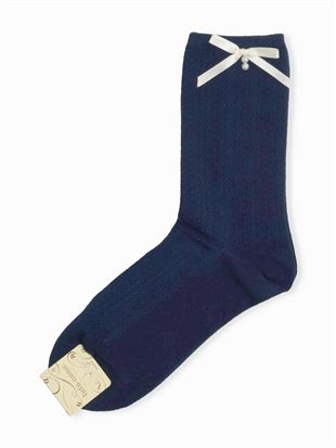 綿混足長リボン付きレース柄ソックス20cm丈|クルーソックス
