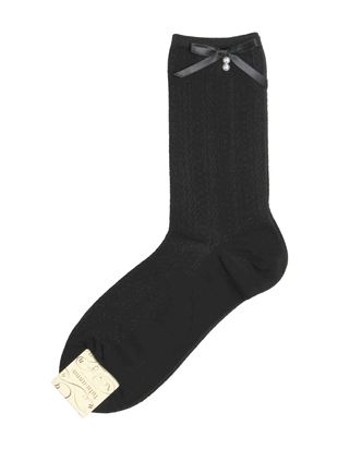 綿混足長リボン付きレース柄ソックス20cm丈|クルーソックス