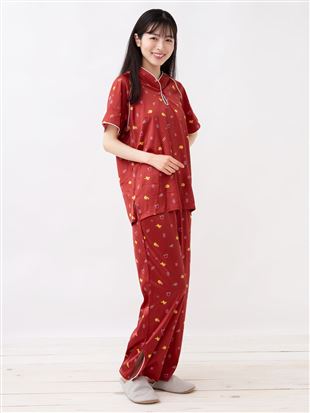 [ゆったり設計パジャマ]チャイナ風トラ柄サテンパジャマ(半袖×長ズボン)｜