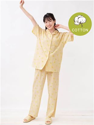 [ゆったり設計パジャマ]綿100％レモン柄前開きパジャマ(半袖×長ズボン)｜パジャマ