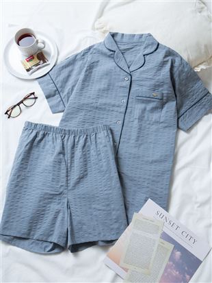 [ゆったり設計パジャマ]綿100％無地前開きパジャマ(半袖×ショートパンツ)｜パジャマ