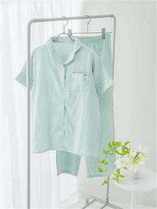 [ゆったり設計パジャマ]綿100％無地前開きガーゼパジャマ(半袖×長ズボン)｜パジャマ