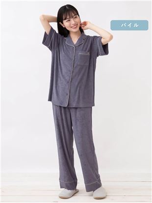 [ゆったり設計パジャマ]無地前開きパイル地パジャマ(半袖×長ズボン)｜パジャマ