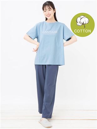 [ゆったり設計パジャマ]ロゴプリント綿天竺パジャマ(半袖×長ズボン)｜パジャマ