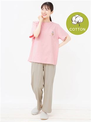 [ゆったり設計パジャマ]ねこ柄綿天竺パジャマ(半袖×長ズボン)｜パジャマ