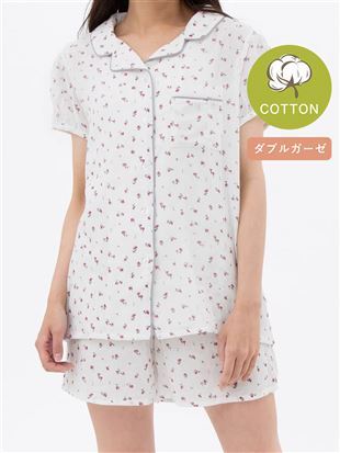 チュチュアンナの綿100％小花柄パフスリーブパジャマ(半袖×1分丈パンツ)|221736