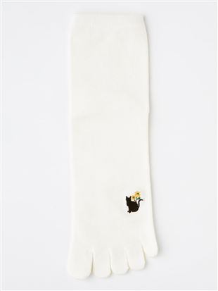 チュチュアンナの綿混シルエットフラワー猫刺繍無地5本指ソックス14cm丈|312115
