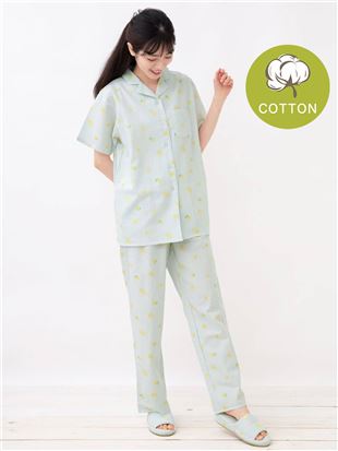 チュチュアンナの[ゆったり設計パジャマ]綿100％レモン柄前開きパジャマ(半袖×長ズボン)|321725